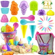 Beach Toys for Kids 3-10, Ice Cream Sand Toddlers Sandbox with Bucket 27 Pcs, Shovels, Cupcake Dessert Molds, Mesh Bag, Travel Girls